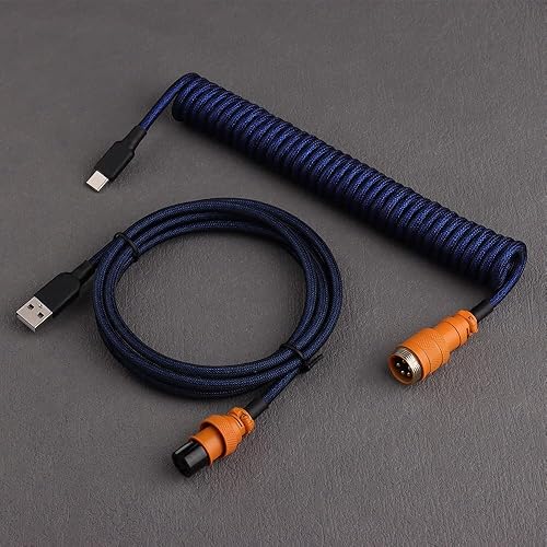 Conector de aviador desmontable de doble manga Cable USB-C en espiral para teclados mecánicos de juegos personalizados (color azul oscuro naranja)