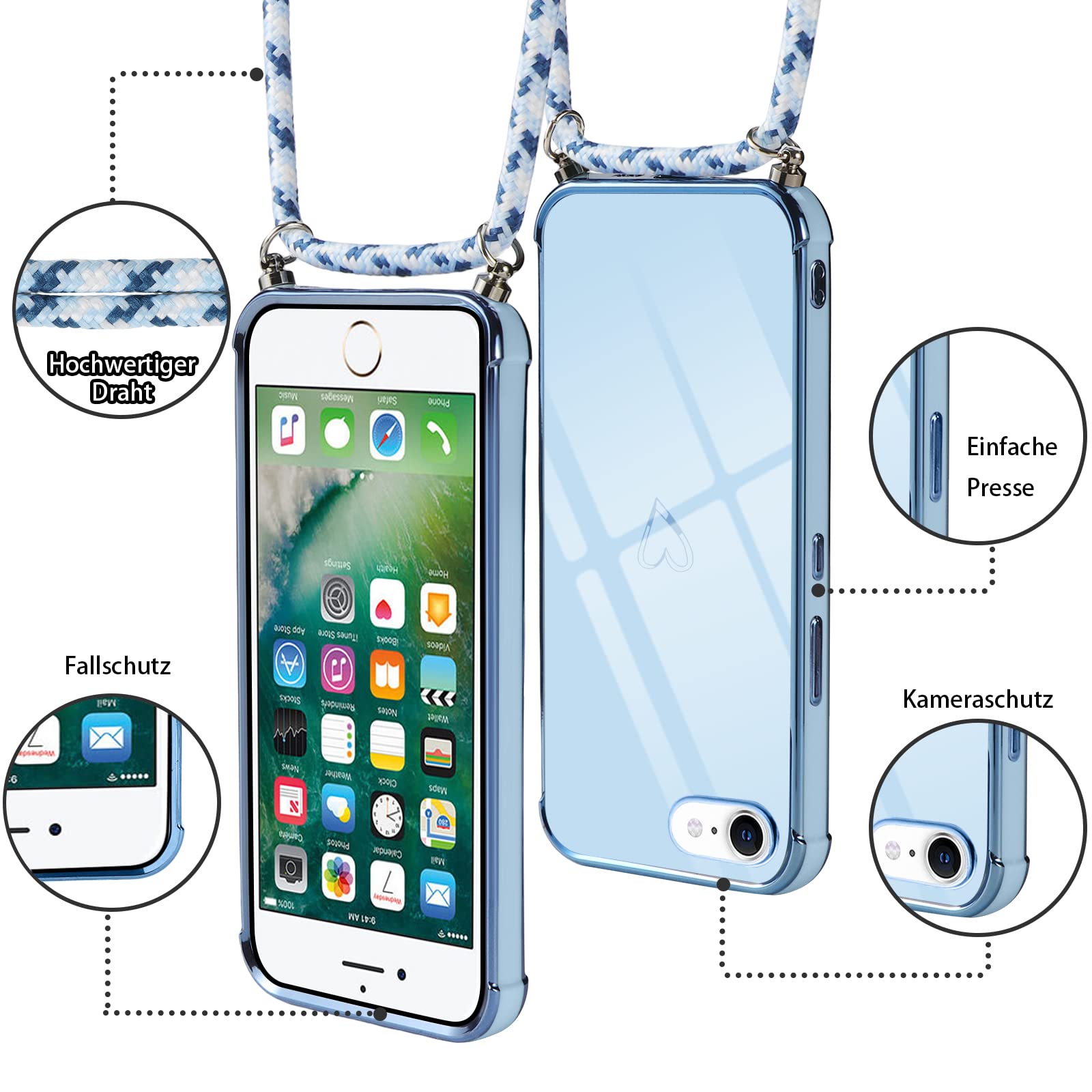 Custodia Per IPhone 8/7/SE Con Collana - Silicone TPU Morbido, Antiurto, Con Cordino Regolabile, Nero - Foto 9