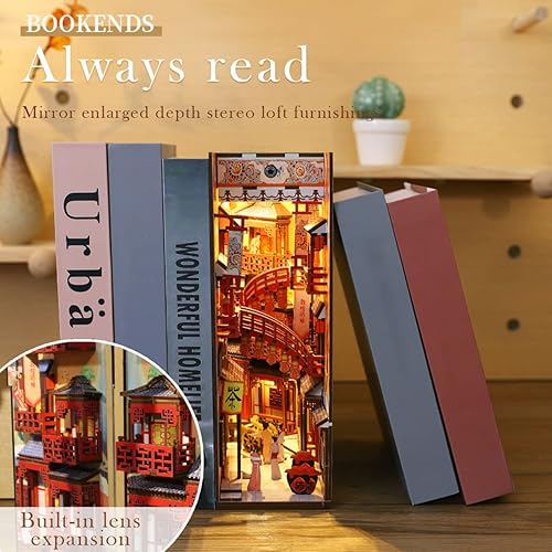 Miniatura 3 de Kit de bricolaje en miniatura para rincón de libros, rompecabezas de madera 3D, decoración con sensor de luz, kit de modelo de casa de muñecas,