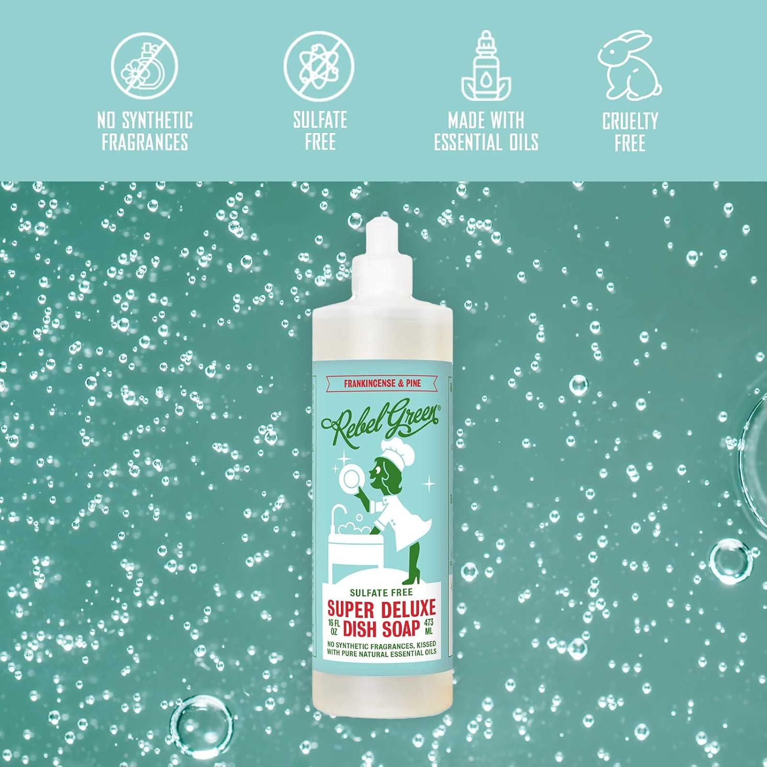 Rebel Green Super Deluxe Frankincense and Pine Scent Dish Soap, Sulfate Free, 16 Ounce (Pack of 4)