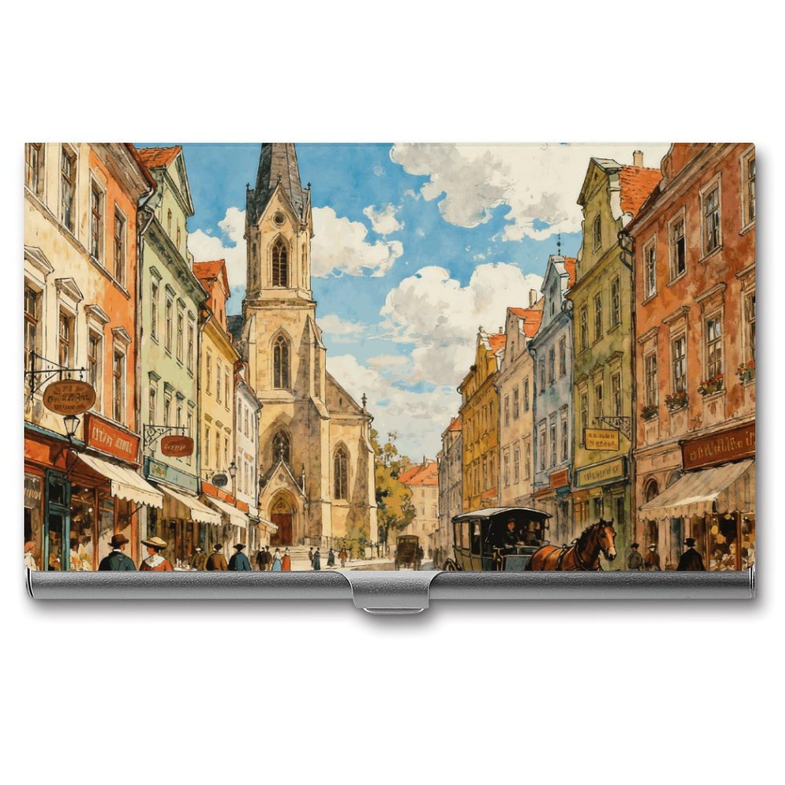 DWVTSLH European Street View Business Card Holder, Slim Portable Metal Business Card Case Pocket Wallet Professional Name Cards Holder for 22-30 Cards, Credit Card ID Case/Holder for Men Women