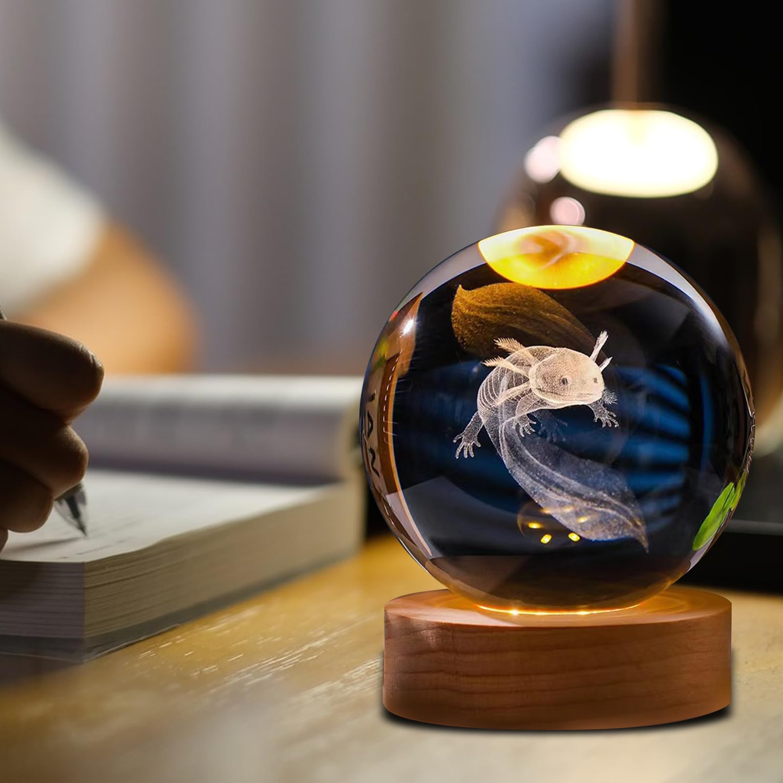 Lampada Notte 3D Sfera Di Cristallo Con Base In Legno E Telecomando – 16 Colori – Regalo Axolotl Per Bambini E Amici - 3