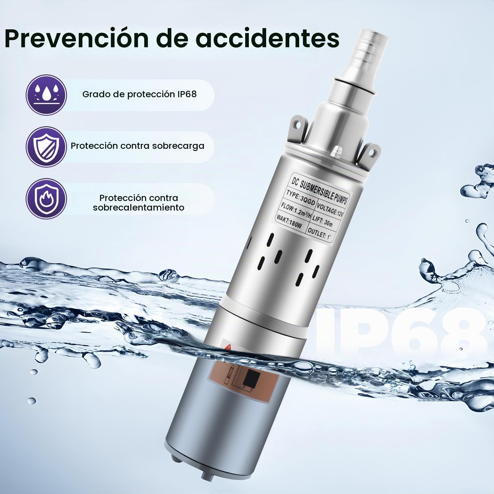 Bomba sumergible, 12 V 180 W, bomba de agua de acero inoxidable, bomba de pozo profundo con caudal de 1000 L/H, altura de elevación de 30 m, IP68, protección contra sobrecalentamiento, motor de cobre