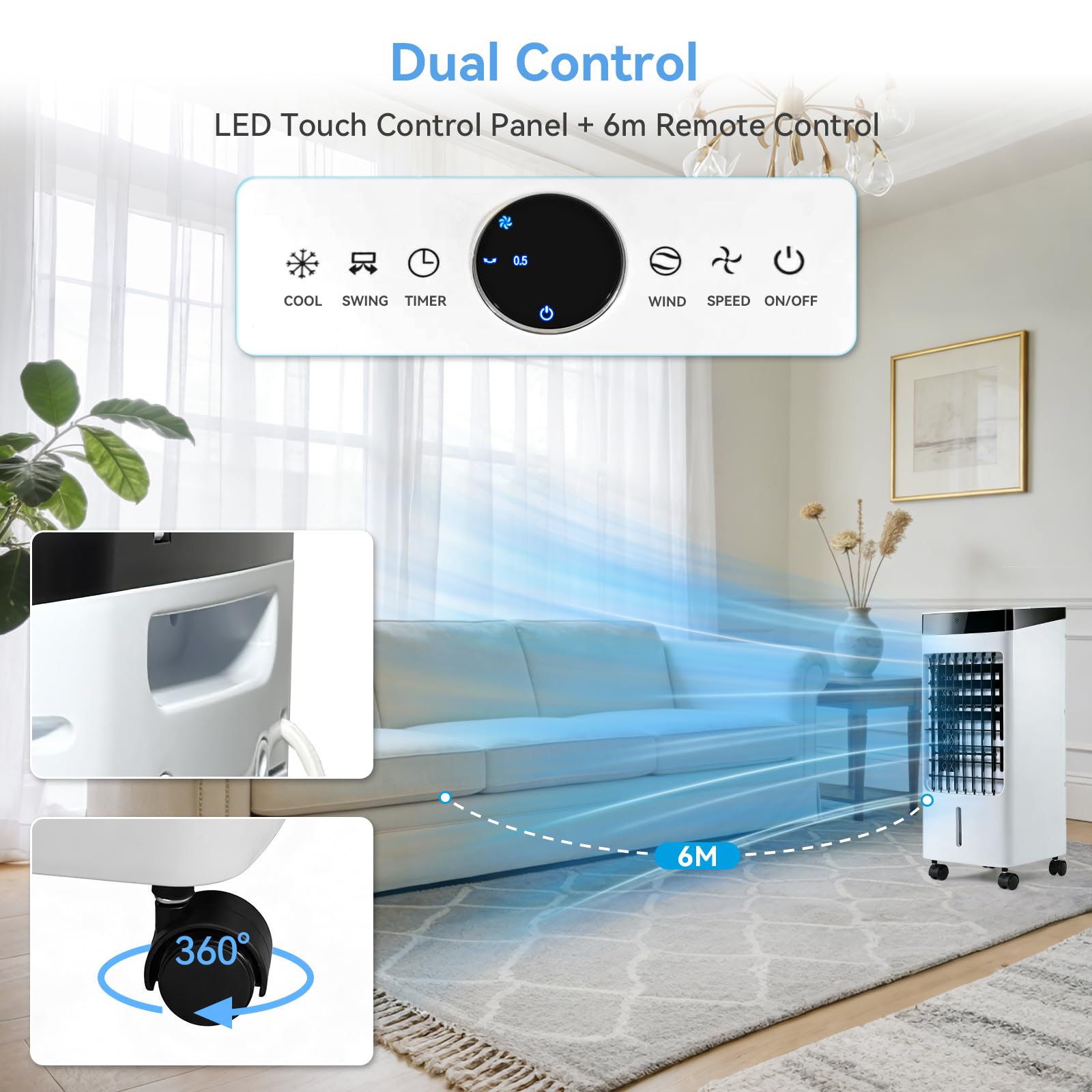 Mobiler Verdunstungskühler 4L Wassertank Wasserkühlung 3 Geschwindigkeitsstufen 65dB Geräuscharm 180 CFM Luftstrom Rollbar Energiesparend Waschbarer Filter Für Wohnzimmer Büro Schlafzimmer