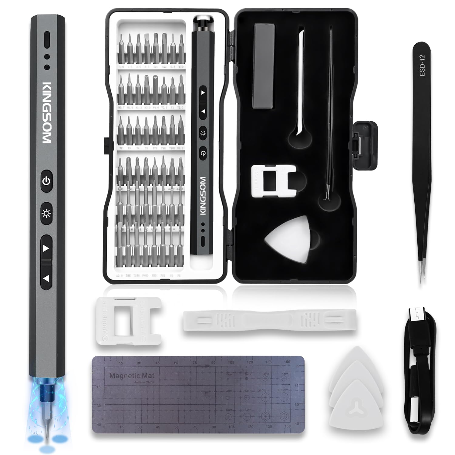 Mini Electric Screwdriver Set, 55-in-1 Cordless LED Light Mini Electric Screwdriver-3 Torque Setting, 48 S2 Magnetic Bits, Precision Tool Set for Phone, PC, RC,Watch
