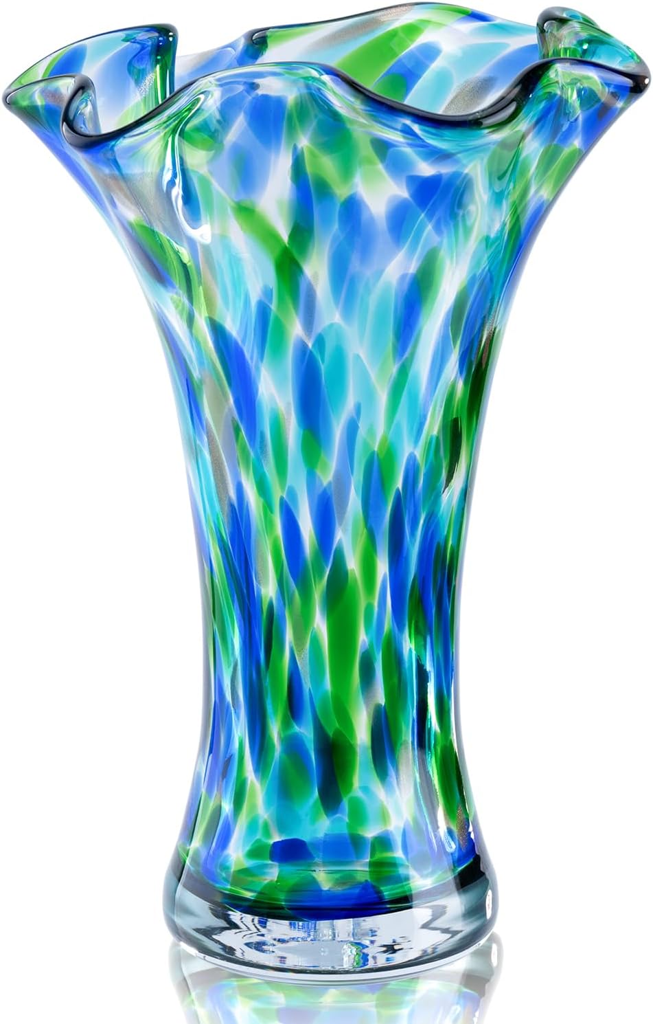 Hand Blown Glass Vase for Flowers, 9" Unique Murano Style Art Glass Vase, Wide Mouth Teal Turquoise Swirl Decorative Colorful Vases for Home Decor, Living Room Table Centerpiece,Shelf, Wedding Gift