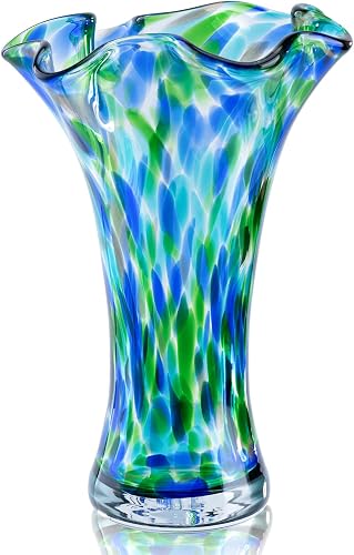 Hand Blown Glass Vase for Flowers, 9" Unique Murano Style Art Glass Vase, Wide Mouth Teal Turquoise Swirl Decorative Colorful Blue Green Vases for Home Decor, Living Room Table Centerpiece,Shelf