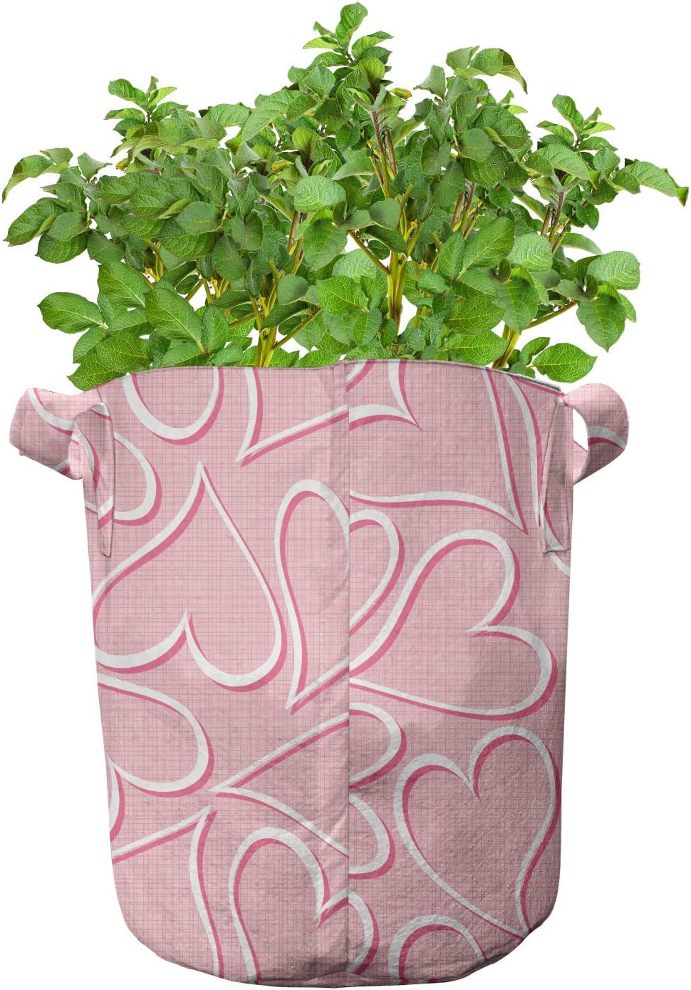 Lunarable Hearts Grow Bags 5-Pack, Checked Backdrop Soft Color, Heavyduty Fabric Pots with Handles for Plants, Pale Pink White