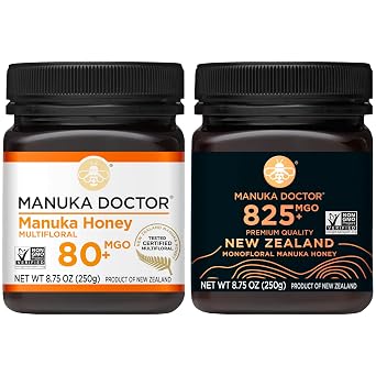 MANUKA DOCTOR - Manuka Honey MGO 80 + Multifloral & MGO 825 + Monofloral Value Bundle، 100٪ Pure New Zealand Honey. معتمد. RAW. غير معدّل وراثيًا ، 2 &times; 8.75 أوقية