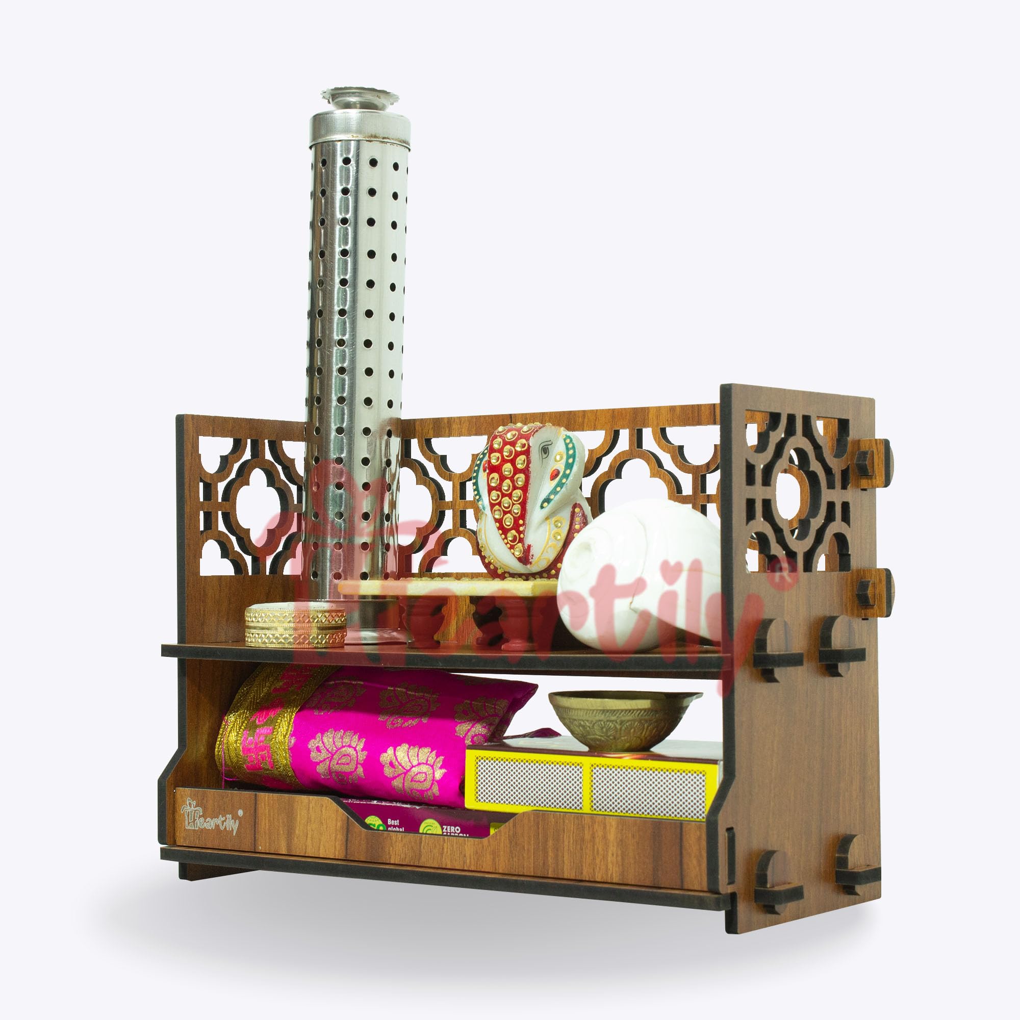 Heartily® Utsav Beautiful Wooden Mandir for Home Small Size Puja Mandir for Home Wall Mounted Pooja Stand for Home Temple for Office or Shop, 12.7D x 30.5W x 20H Centimeters