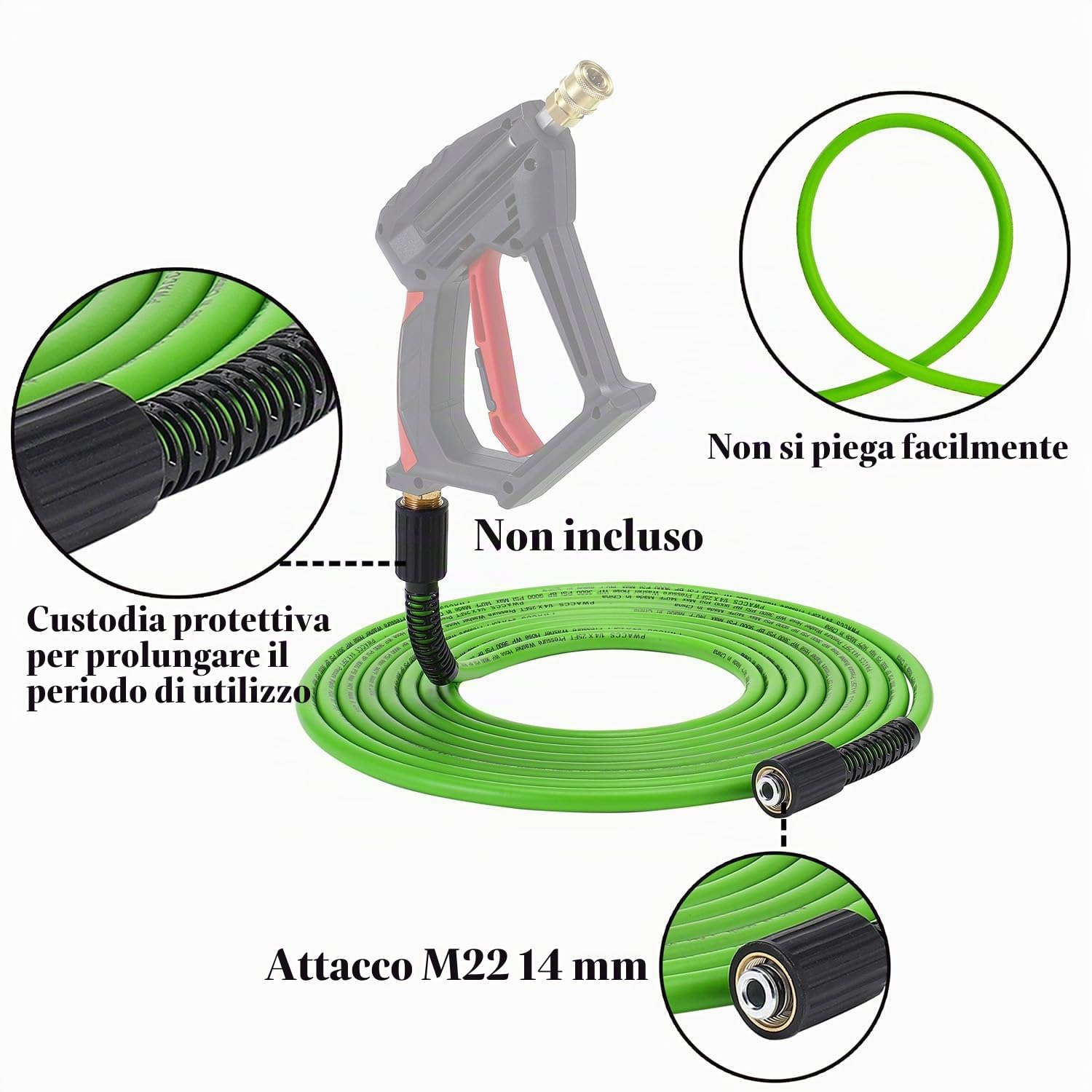 Tubo per Idropulitrice,15 m x 0.6 cm,con 5 pezzi Connettore Rapido in Acciaio Inox,con Raccordi M22 da 14 mm - 3600 psi