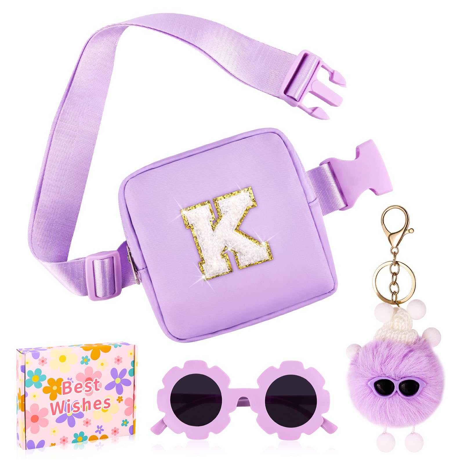 WINOWIMO Personalized Mini Fanny Pack for Kids with Sunglasses & Cute Keychain, Small Initial Belt Crossbody Bag Purse for Teen Girls, Birthday Gifts