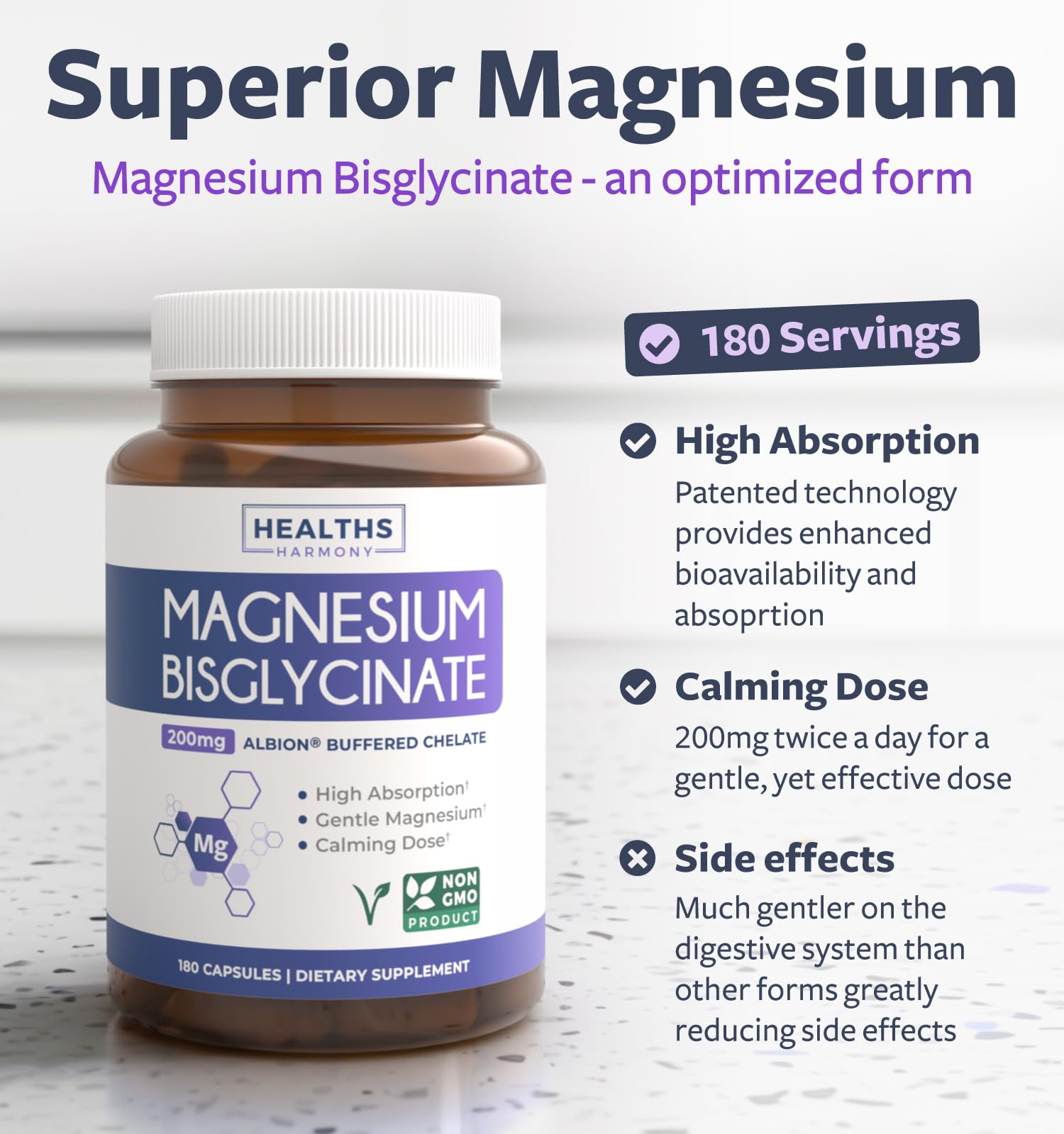 High Absorption Magnesium Bisglycinate Capsules - Clinically Validated Buffered and Chelated Magnesium Supplement - 1 Daily Vegan Capsule with Lab Verified Gentle 200mg Serving (6 Month Supply) — Amazon image 2