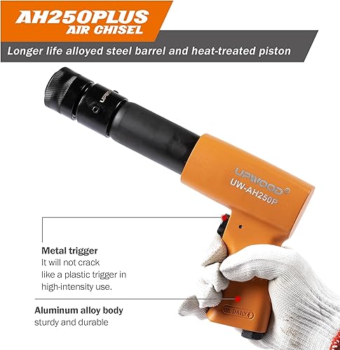 Miniatura 2 de UW-AH250P Kit de martillo de aire de barril largo con retenedor de cambio rápido y 4 cinceles, carrera de 3-58 pulgadas, 2200 BPM, peso ligero