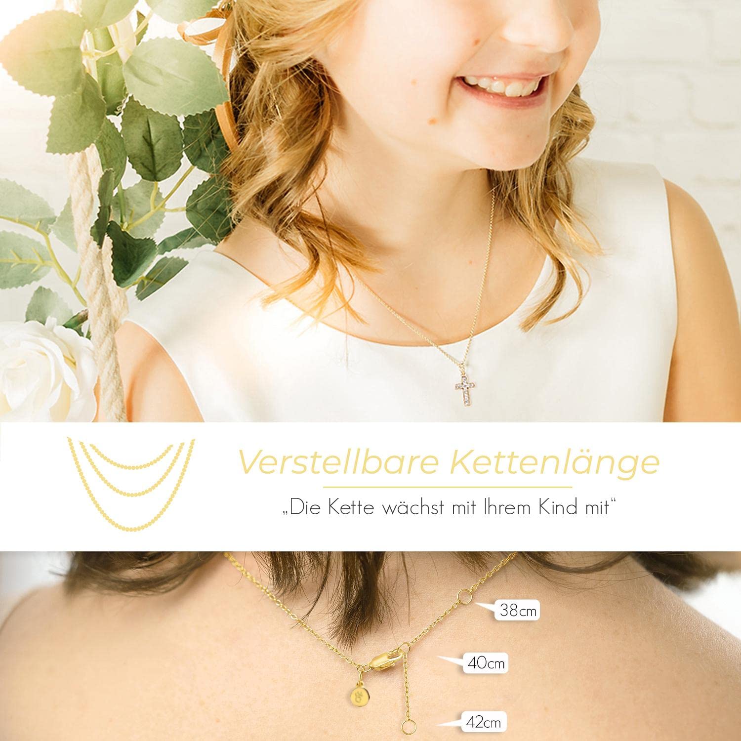 Kreuz Kette Mädchen Gold (333 echt), Kreuz-Anhänger Erst-Kommunion