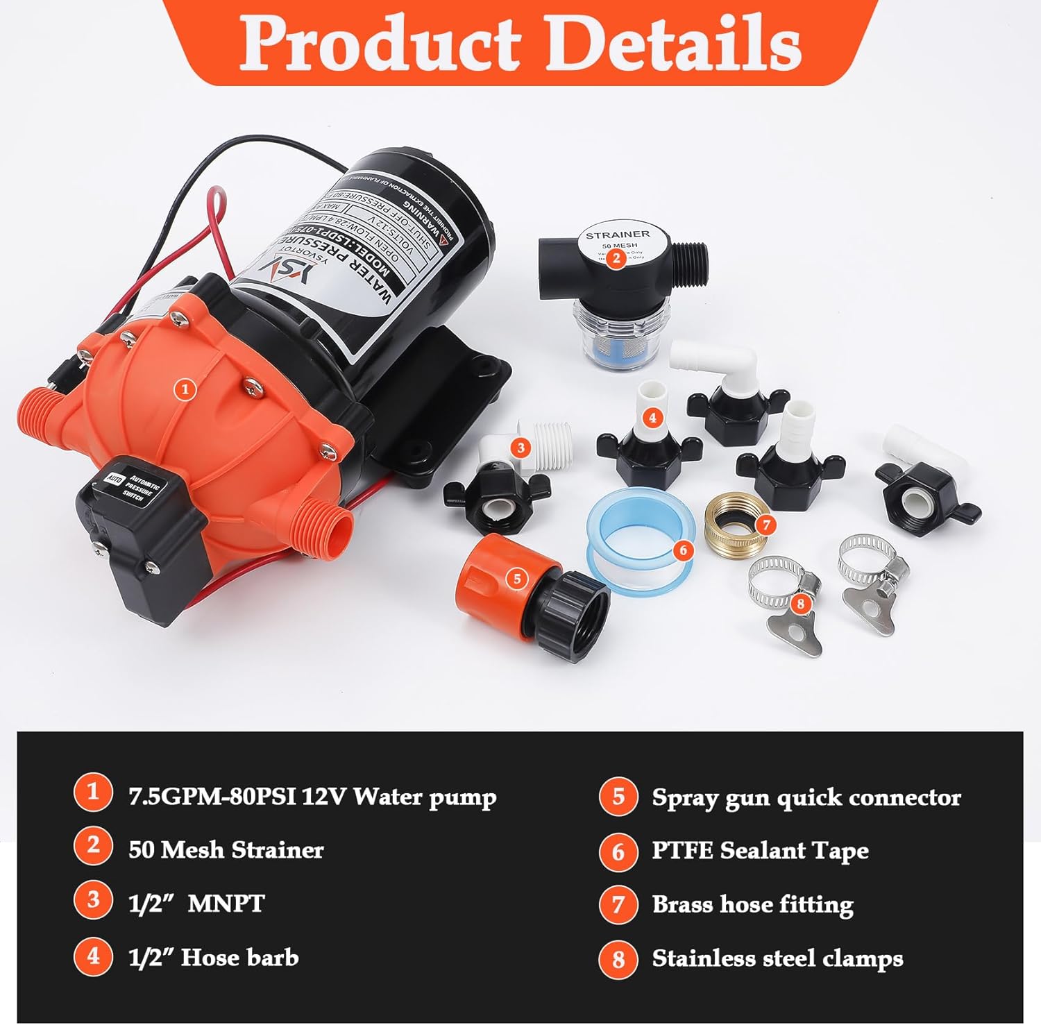 12V Marine Washdown Pump (75PSI 7.0 GPM) - Self-Priming Fresh Water Pump with Strainer & Pressure Switch, Suitable for Boats, Yachts, RVs, Campers, Travel Trailers & Sprayers