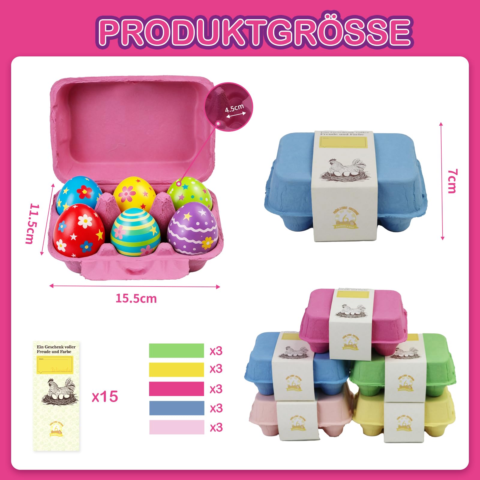 Mervino Eierkarton mit beschriftbarem Gürtel, bunte 6er Eierschachtel aus festem Naturzellstoffpapier - wiederverwendbar für DIY Ostern, Handwerk & Aufbewahrung von Hühner- und Enteneiern (15)