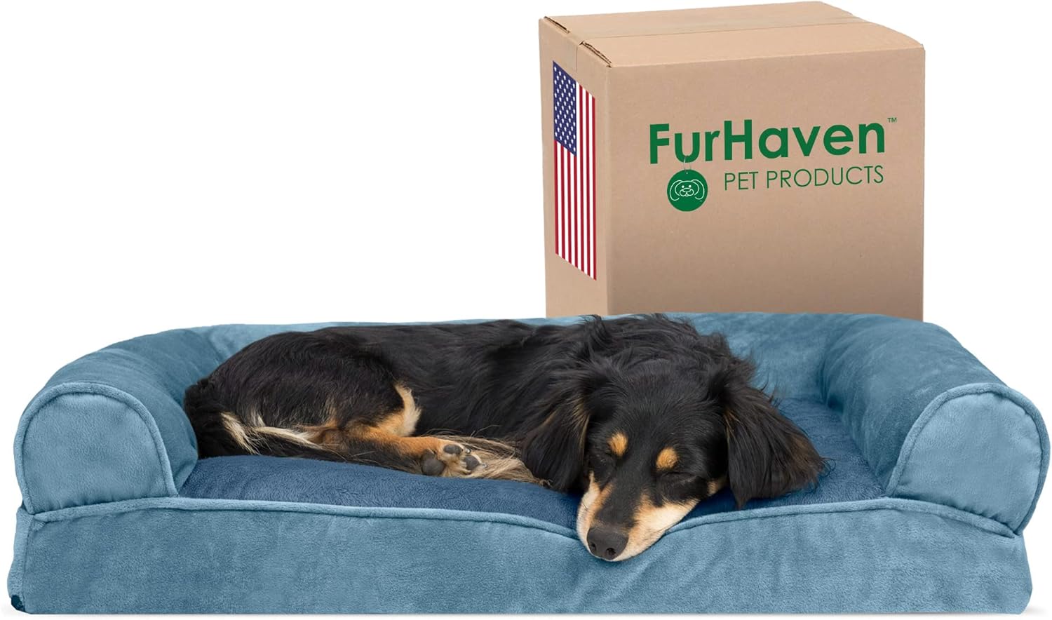 Furhaven Pillow Dog Bed for Medium/Small Dogs w/ Removable Bolsters & Washable Cover - Faux Fur & Velvet Sofa - Harbor Blue, Medium Medium Sofa - Faux Fur & Velvet (Harbor Blue)