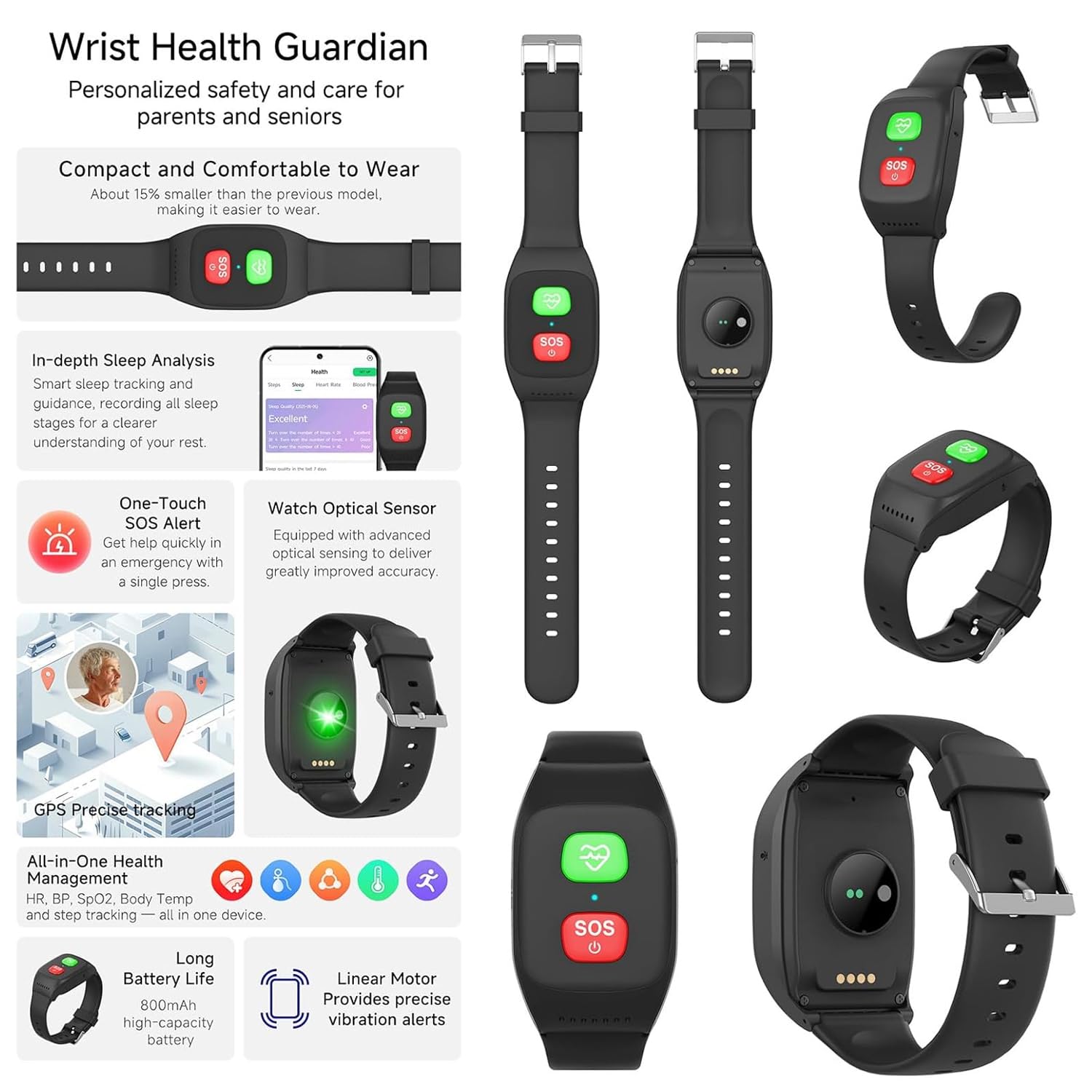 Pulsera de emergencia para personas mayores, reloj inteligente 4G, con botón de emergencia SOS, localización GPS, detección de caídas, llamadas de voz, para personas mayores, pacientes u obstáculos.