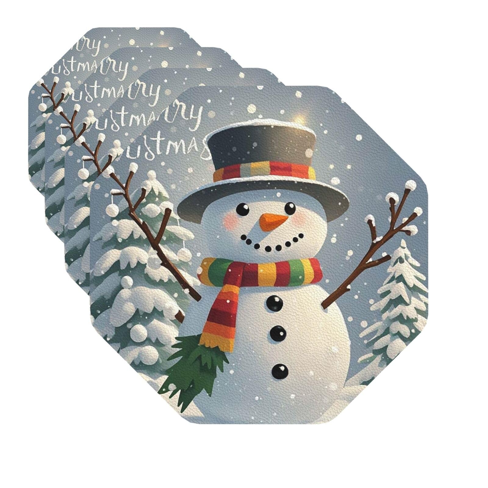 Drink Coasters Set of 4 Quick-Dry Leather Coaster Merry Christmas Snowman Coasters for Drinks Coffee Cup Mat Tabletop Protection Heat Resistant Coaster for Kitchen Bar Office Home Decor