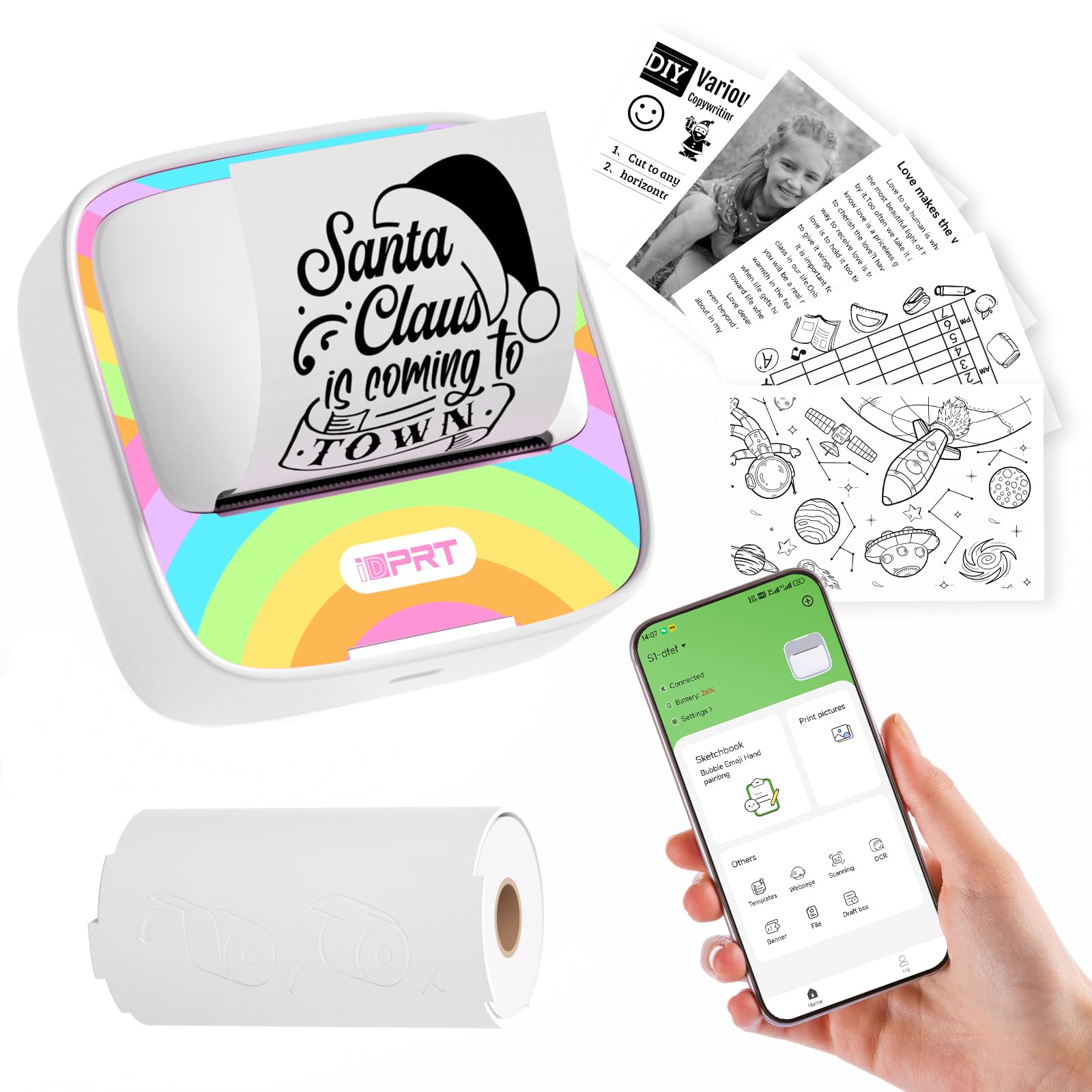 iDPRT Mini Printer with 1 Roll Sticker Paper, Portable Sticker Maker | Thermal Label Machine Efficiently and Quickly for Study Notes, Pictures, DIY, Label ( Rainbow)