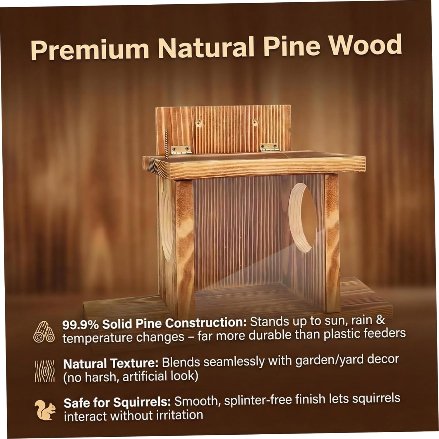 Squirrel Feeders for Outside Wooden Flip-Top Squirrel Box with Clear Window Weatherproof Nut Bar Chipmunk Feeder for Wood Deck Tree Fence 14x5x9in Feeders for Outside, Feeder, S
