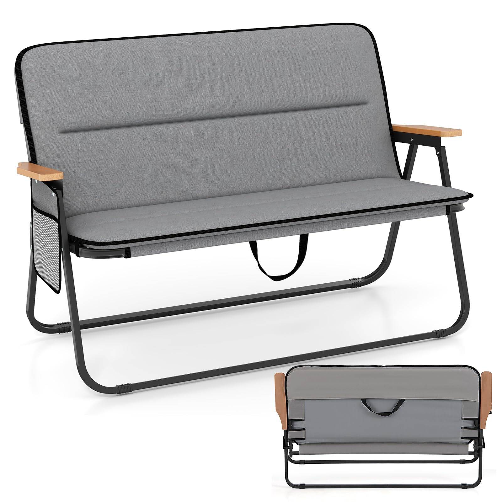 FANTASK Silla de Camping para 2 Personas, Silla Plegable con cojín extraíble, Bolsillo Lateral y reposabrazos, Capacidad de Carga de 300 kg, sofá de Camping Plegable, Color Gris