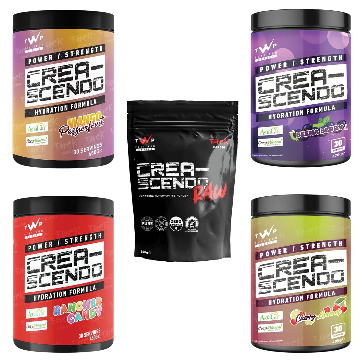 TWP Nutrition Platinum Series Crea-Scendo Creatina en polvo, 250 g/472 g y 30/50 porciones, 3 grandes sabores (Rancher Candy, 472 g)