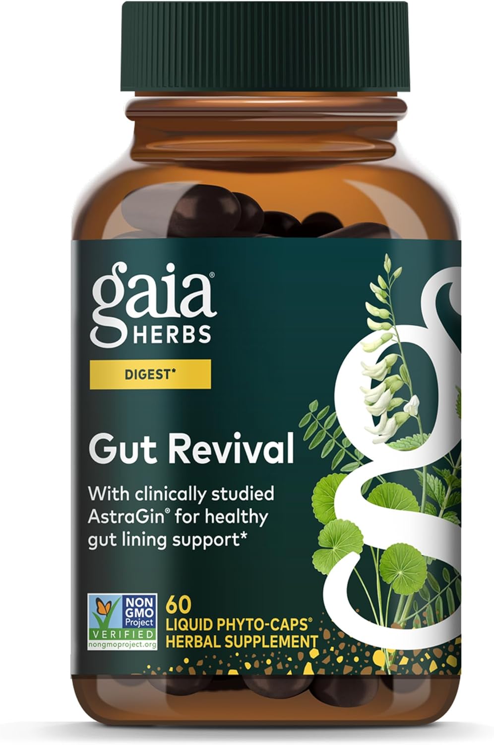 Gaia Herbs Gut Revival – Herbal Supplement to Support Healthy Gut Lining* – Made with AstraGin, Gotu Kola, Jujube & More – Free from Dairy, Soy & Gluten – 60 Vegan Liquid Phyto-Caps (60 Servings)