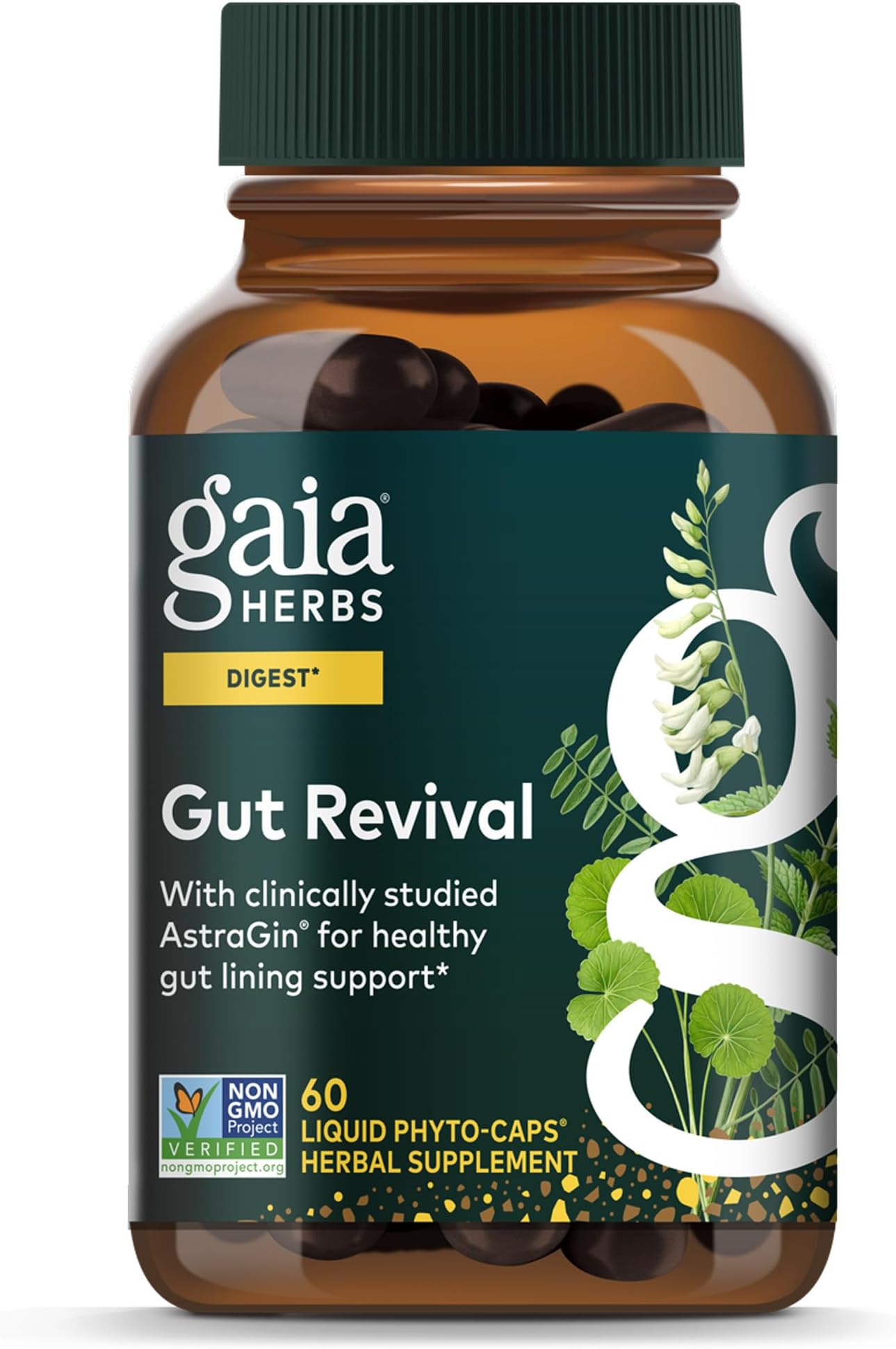 Gaia Herbs Gut Revival - Herbal Supplement to Support Healthy Gut Lining* - Made with AstraGin, Gotu Kola, Jujube & More - Free from Dairy, Soy & Gluten - 60 Vegan Liquid Phyto-Caps (60 Servings)