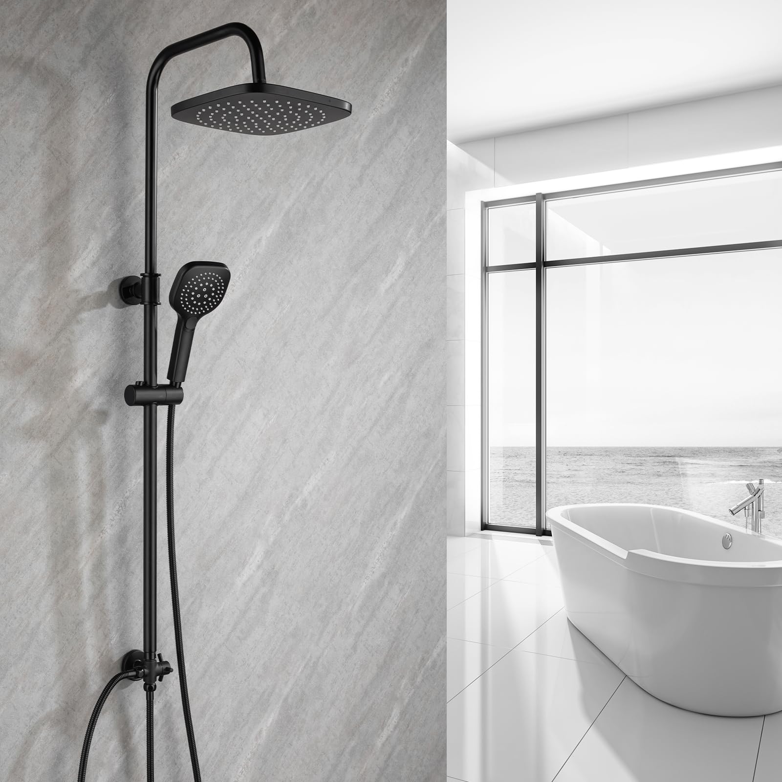RONVIE Adjustable Shower Riser Rail Kit with 10" Round Rainfall Shower Head & 3-Spray Handheld, Dual-Function Brass Diverter Valve, Height/Angle Adjustable Anti-Leak System(Black)