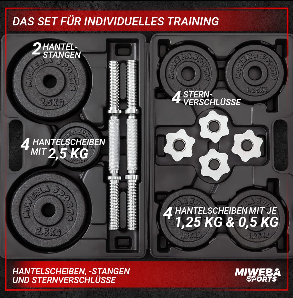 Miweba Sports Hantelset MKH120 | 20kg - 𝐏𝐫𝐨𝐟𝐢 Hanteln mit Koffer - Frauen und Männer - Hantel Set - Hantelkoffer - Kurzhanteln - Gusseisen Hantelscheiben - Ergonomischer Griff - Einzelhanteln