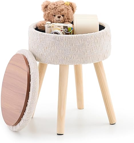 Miniatura 44 de Mxfurhawa Taburete otomano de almacenamiento redondo de lino con patas de madera, reposapiés tapizado multifuncional, para sala de estar, baño,