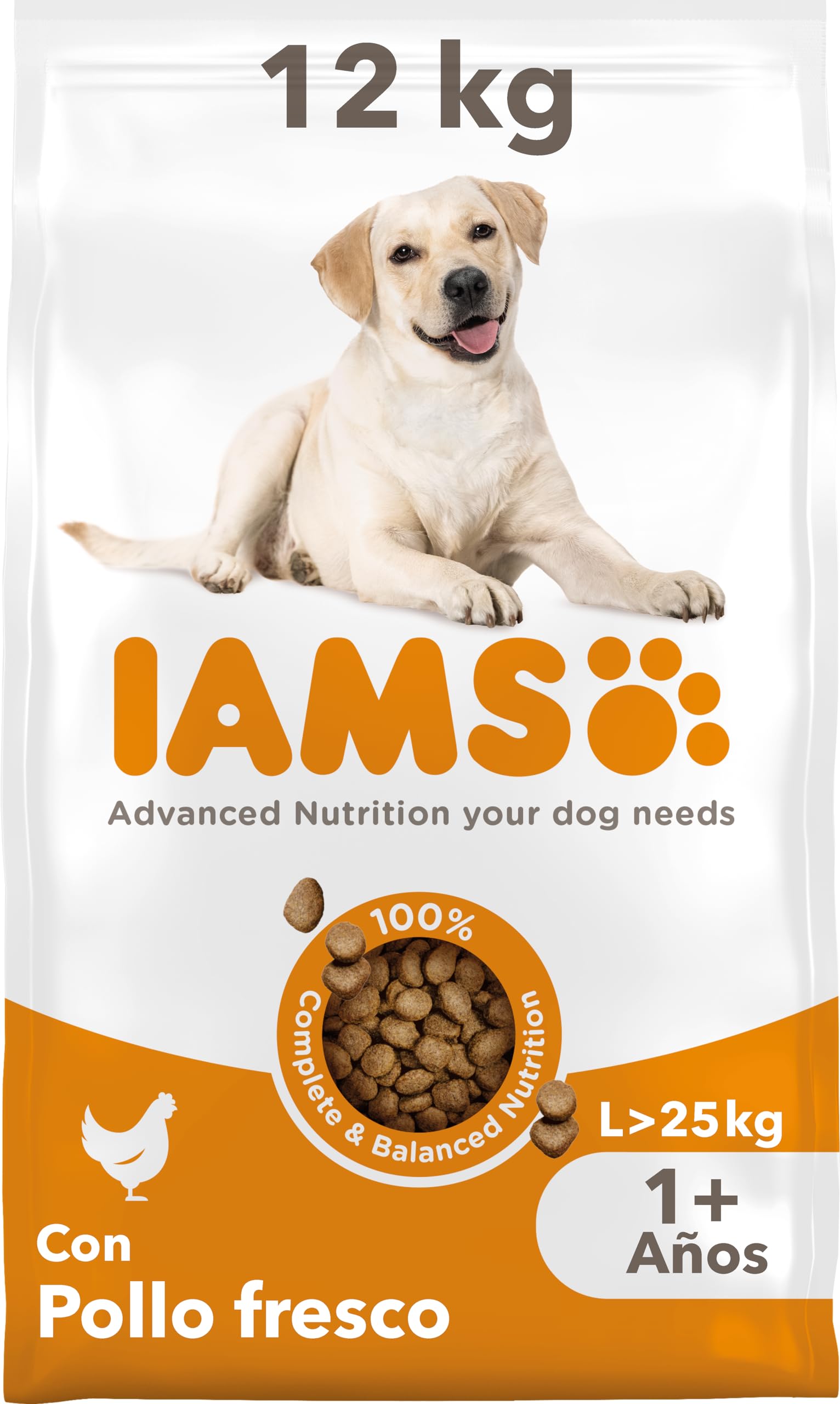 IAMS Alimento seco para perros de razas grandes con pollo fresco, comida seca para perros adultos de más de 1 año, 12 kg