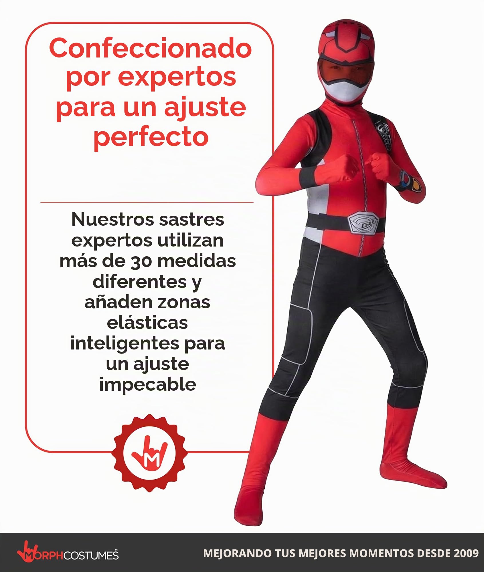 Morphsuits Disfraz Power Ranger Niño, Disfraz Halloween Niño | Mono Integral Rojo con Capucha & Visera, Cierre de Cremallera, Perfecto para Halloween, Ideal para Cosplay