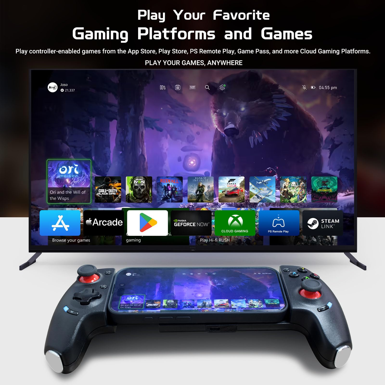 Joso Contrôleur de jeu Mobile pour iPhone & Android, contrôleur de téléphone sans fil Support Phone Case avec Design ergonomique pour Cloud Gaming/PS Remote Play/émulateur