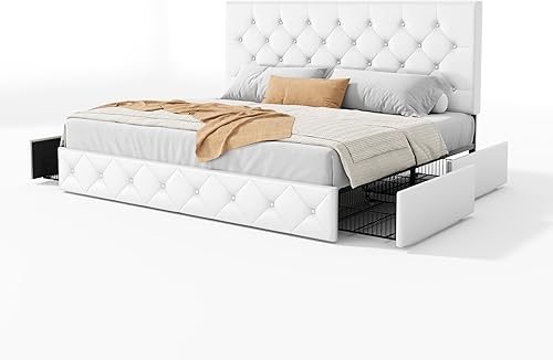 Miniatura 8 de SHA CERLIN Base de cama tapizada tamaño King con 4 cajones de almacenamiento, cabecera ajustable con diseño de botón cosido de diamante, soporte de