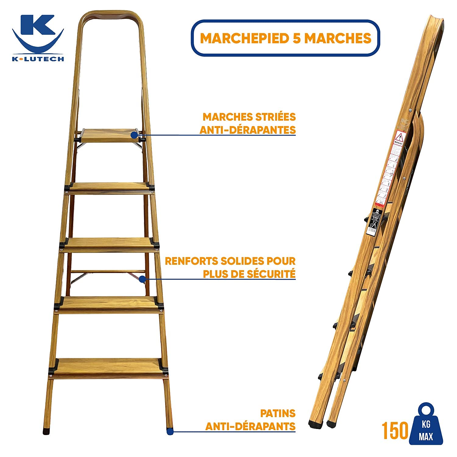KELI - Escabeau Domestique, Marchepied, Fabriqué en Aluminium Finition Bois (Chêne Naturel) (5 Marches (Hauteur de Travail 2,47))