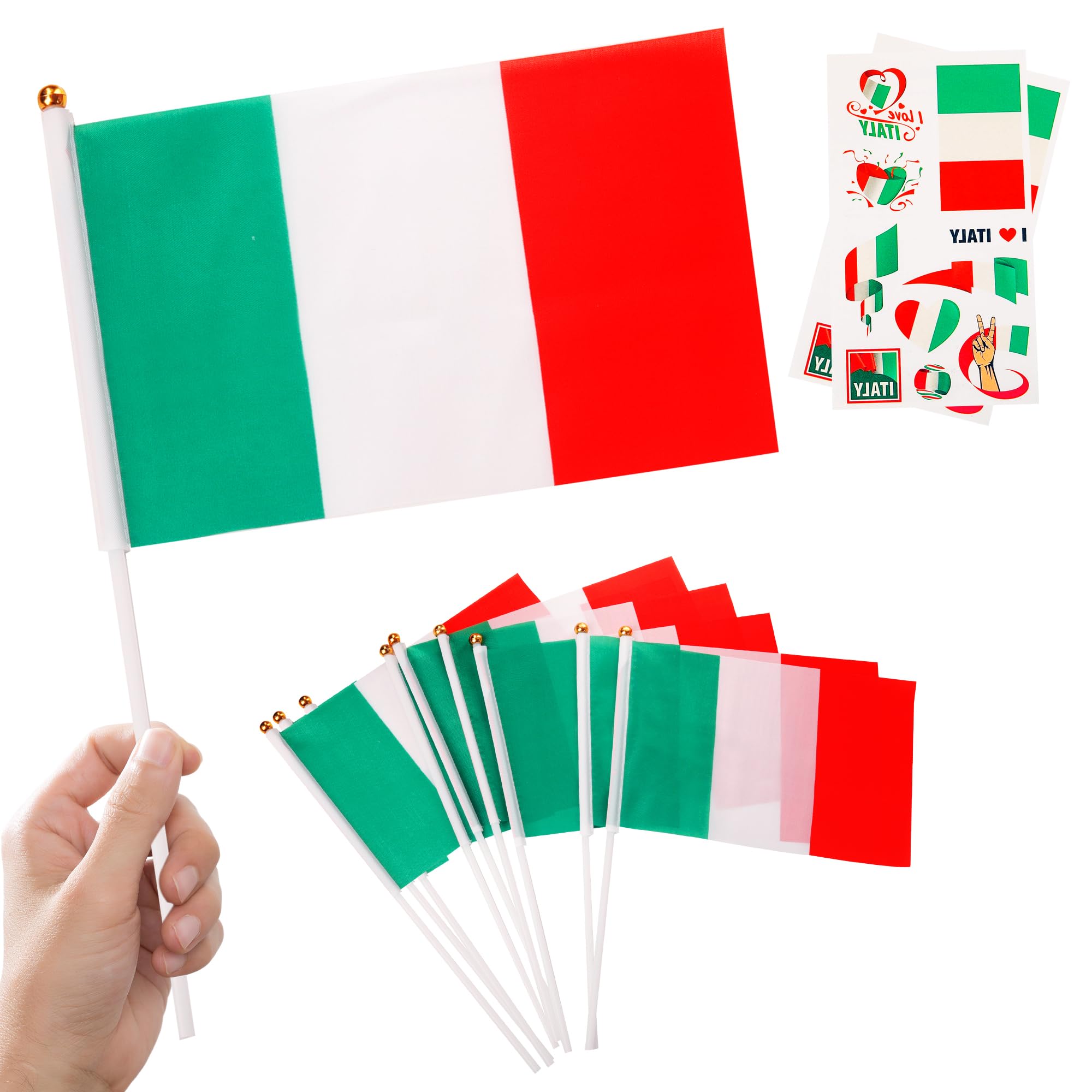 10pcs Small Italian Flags on Sticks & 2pcs Tattoos, Italy Oly 2024 Decorations, Mini Italy Flags for Oly Games 2024 Football Sports Events, National Day Party Decorations