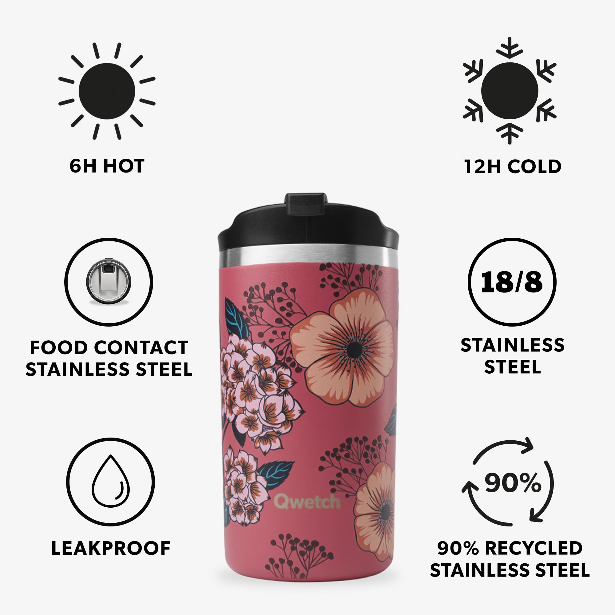 QWETCH - Insulated Travel Mug - Anemone Print 350ml - Coffee & Tea Thermo - Keeps Hot 6h / Cold 12h - BPA-Free, Leakproof, Travel Cup - Image 3