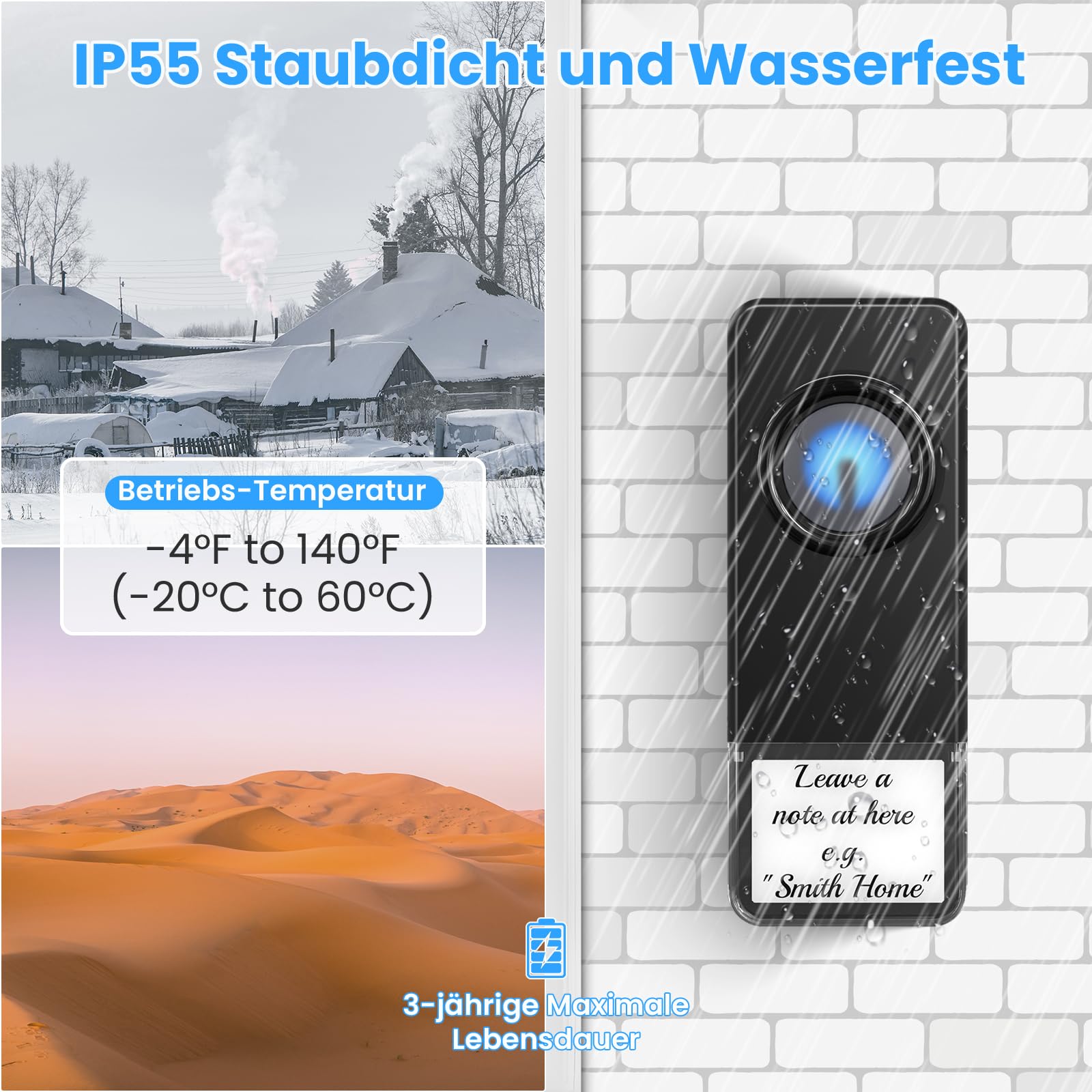 PHYSEN Campanello Senza Fili da Esterno Impermeabile IP55, Portata 400M, 5 Livelli Volume 58 Melodie, con Indicatore LED, Kit Campanello Wireless Per Porta Con 4 Ricevitore Plug-In + 2 Trasmettitore