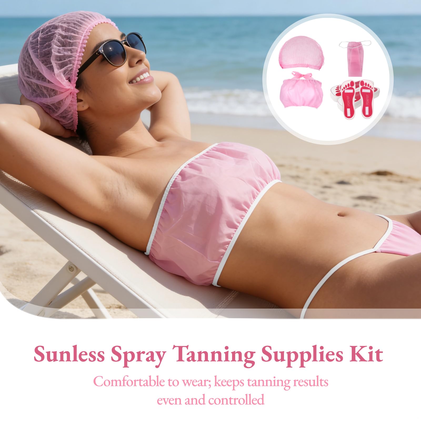 Kit di accessori usa e getta per abbronzatura, 100 pezzi, con reggiseno, biancheria intima, cuffie per capelli, cuscinetti per piedi, kit per abbronzatura da spiaggia