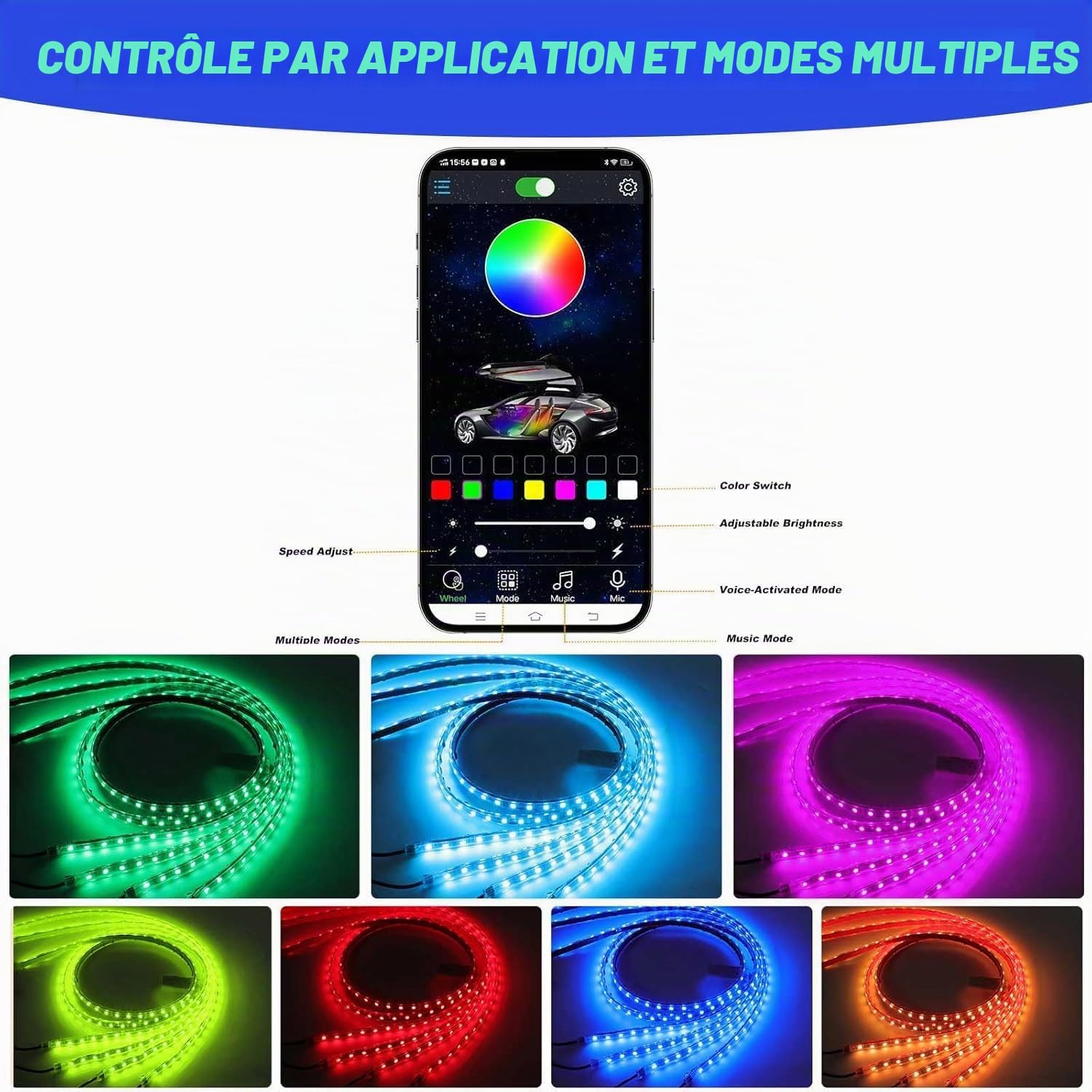 Lot de 4 sous éclairage pour Voiture,16 Millions de Couleurs,contrôle par Application, synchronisation de la Musique, Bandes Lumineuses RGB étanches pour Voitures,SUV.
