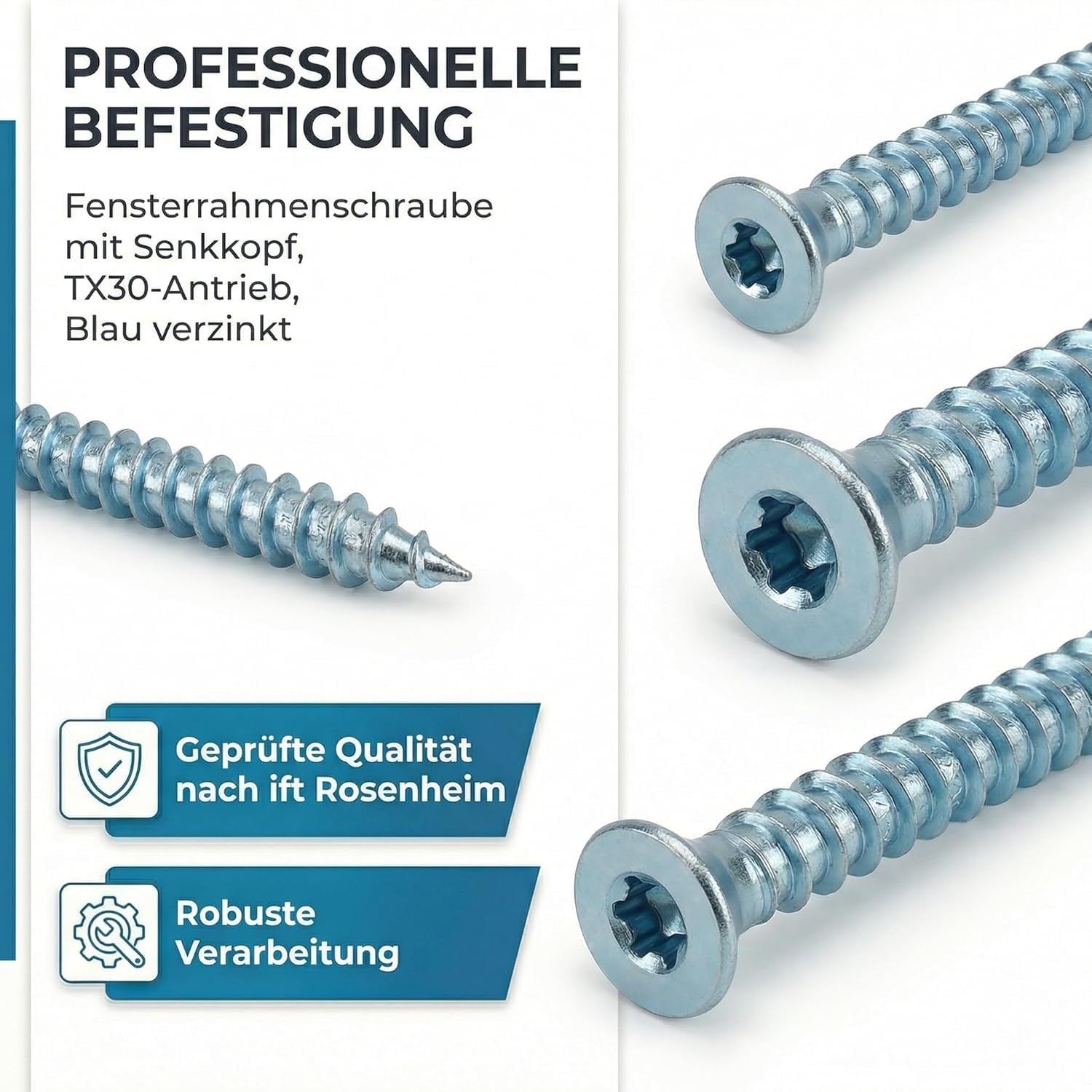 7.5x92, Vis de pose pour les fenêtres en PVC, tête fraisée Tx 30, zingué blanc, VE=100
