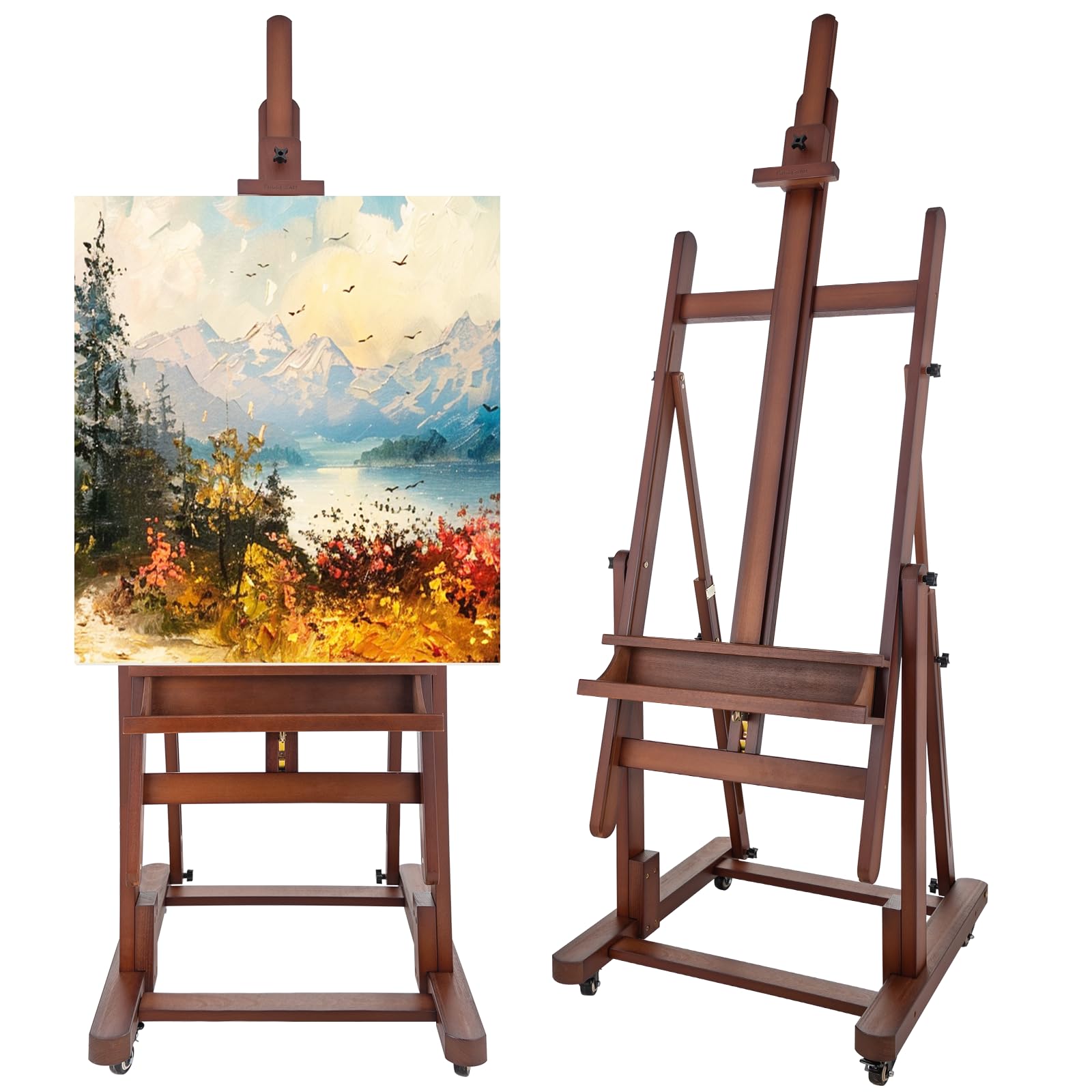 Falling in Art Extra Large H-Frame Studio Easel, Solid Beechwood Artist Easel with Storage Tray, Adjustable Canvas Holder Stand with Rolling Wheels