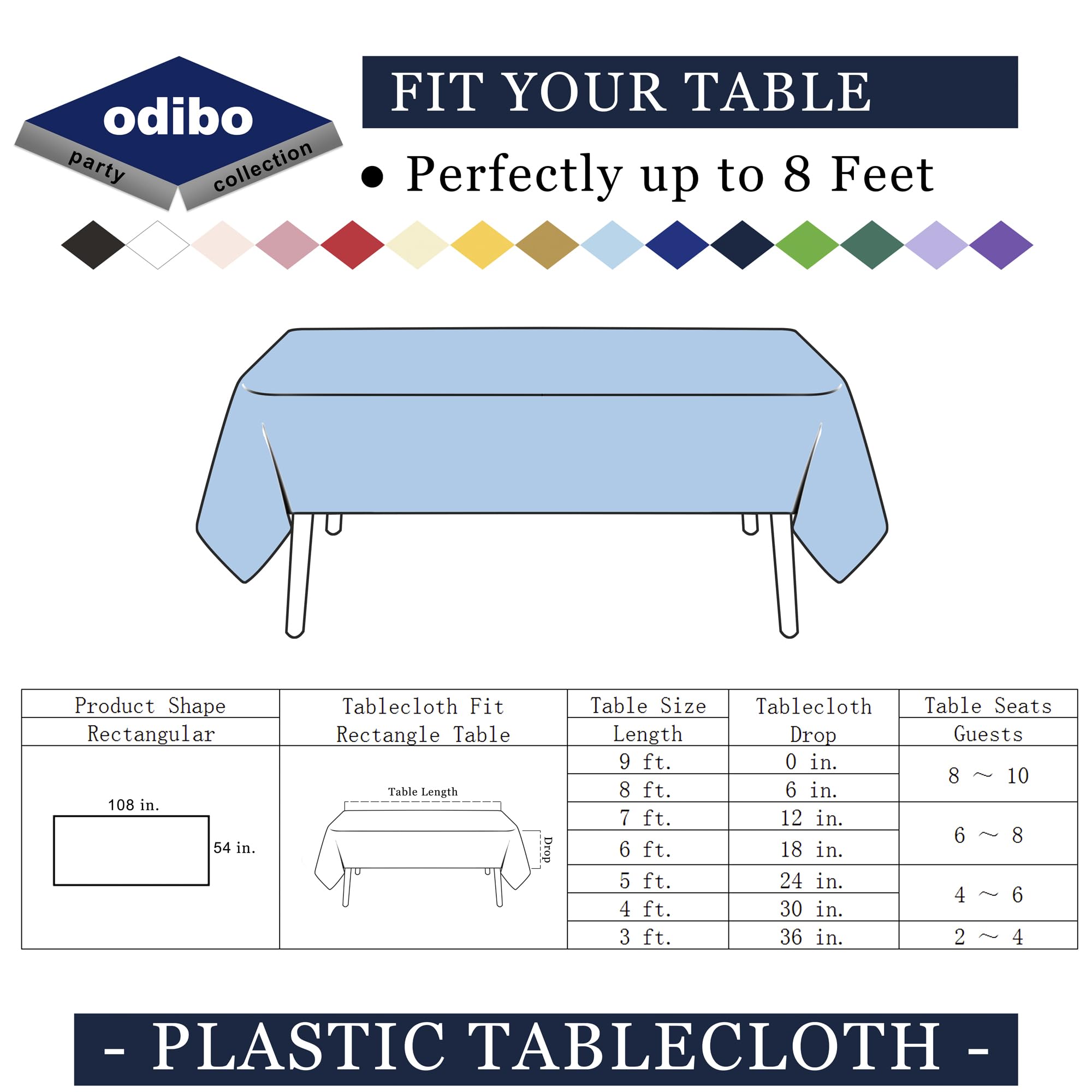 odibo Paquete de 2 manteles desechables de plástico azul claro, 137 x 274 cm, manteles para fiestas, cumpleaños, bodas, baby shower, picnic, eventos, se adapta a mesas rectangulares de hasta 8 pies