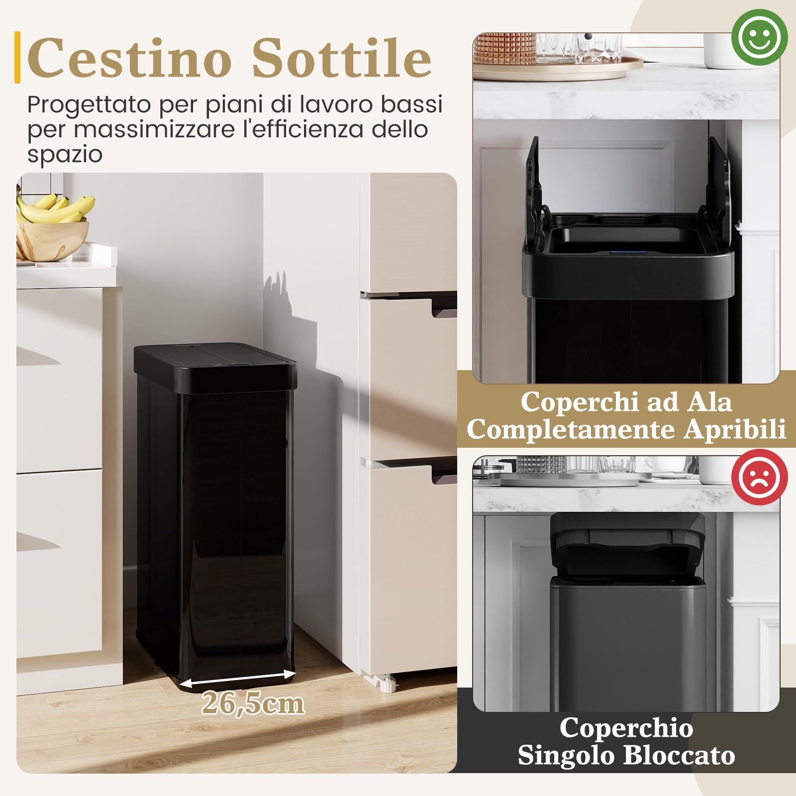COSTWAY 60L Cestino per Rifiuti con Coperchi a Ali, Pattumiera in Acciaio Inox Spazzolato con Sensore di Movimento a Infrarossi, Bidone Automatico per Camera da Letto, Bagno e Cucina (Nero)
