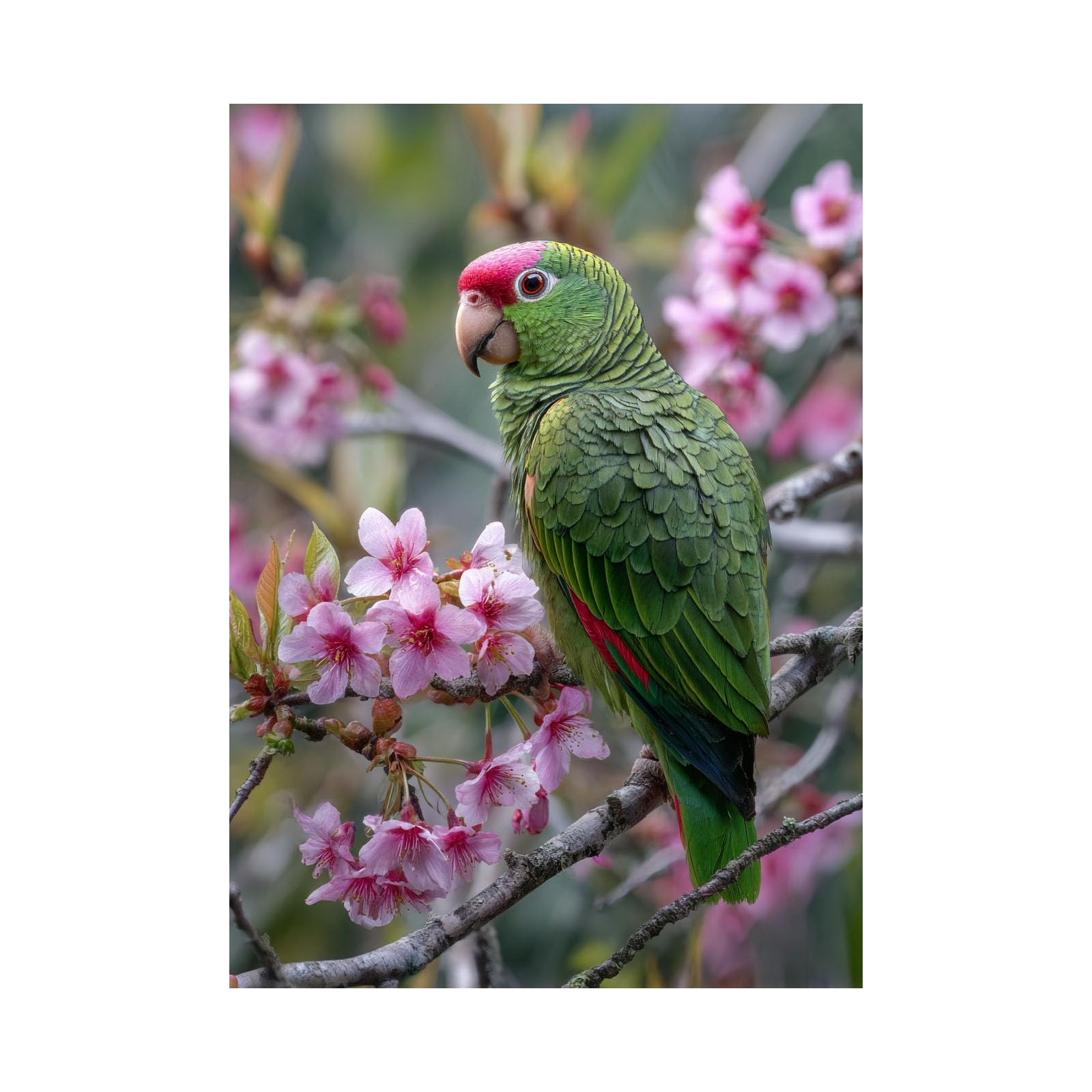 TERUEA Modern Art Animal Canvas Wall Decor, Green Bird Pink Blossom Branch Wildlife Canvas Wall Art Watercolor Prints Pictures(Green)-30x45cm Unframed