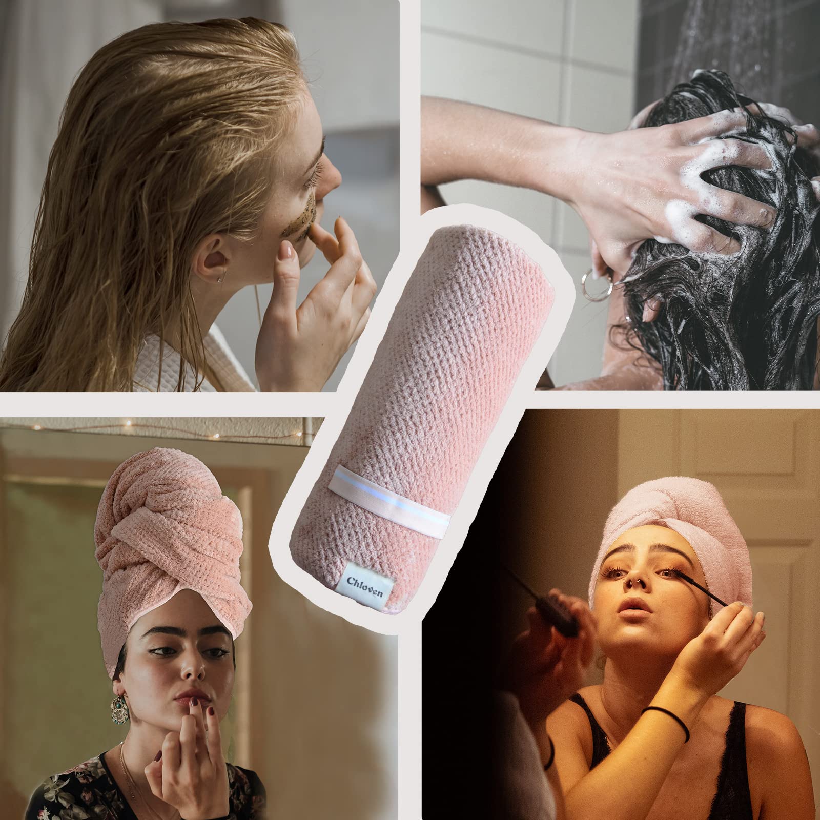Chloven Toalla de microfibra jumbo grande para mujer, toalla de secado de cabello antiencrespamiento con correa elástica, súper absorbente, ultra suave, extra grande, turbantes de secado rápido para