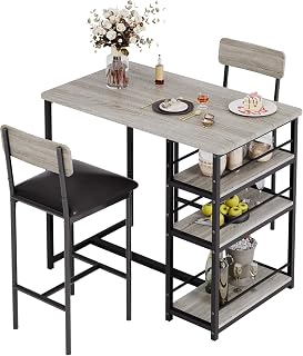 Mesas De Cocina Pequeñas Para 2 Personas, Conjunto De Mesa De Bar Y Sillas Con 3 Estanterías, Mesa De Comedor Alta Con Sillas Acolchadas De PoliuréTano Para Hogar Y Apartamento (Gris)